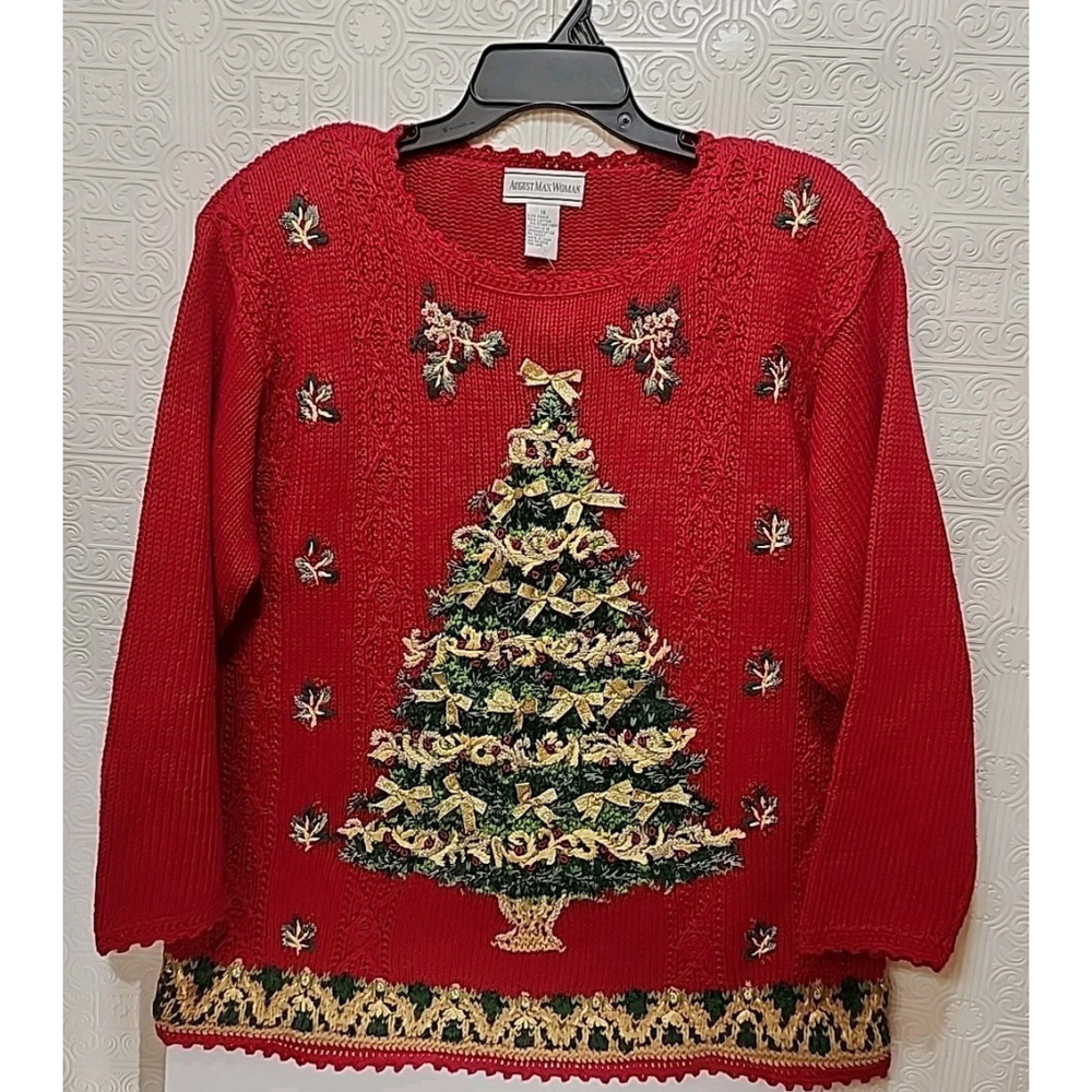 August Max Woman 1X Christmas Sweater Cable Knit Bows Sparkly Tree Red New